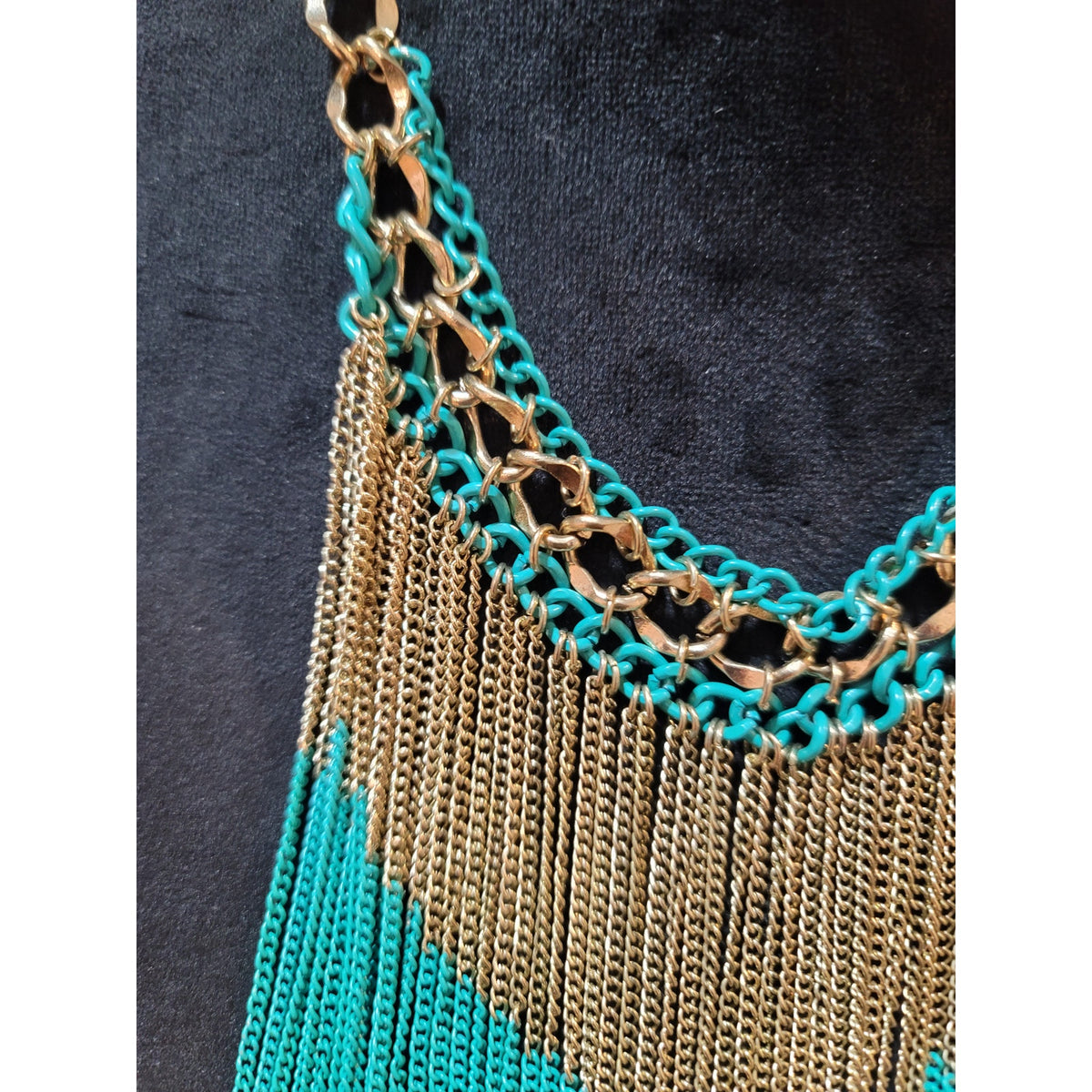 Women's Turquoise And Gold Fringe Statement Necklace With Lobster Clasp Lock