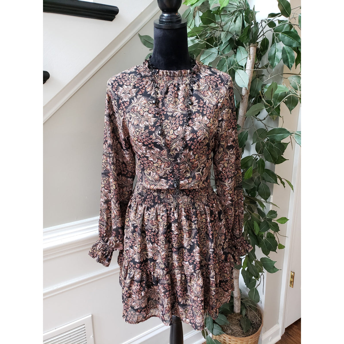 VICI Mini Dress Womens XS Multi Floral Polyester Lined Smocked Waist Mock Neck