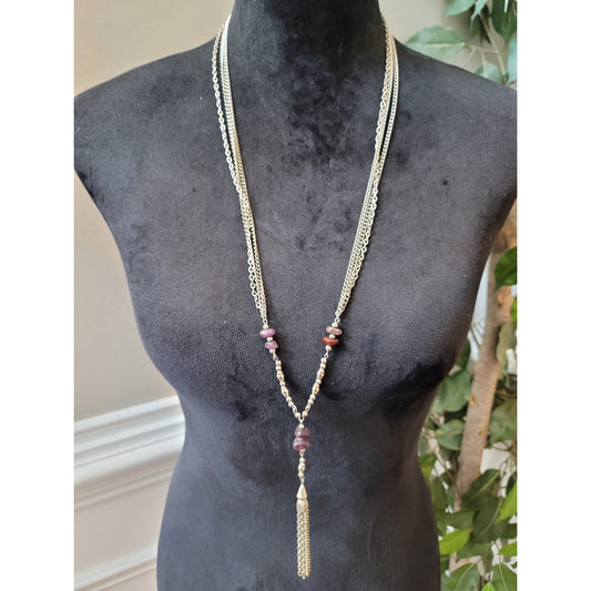 Women's Long Silver Chain Necklace With Beads And Lobster Clasp Lock
