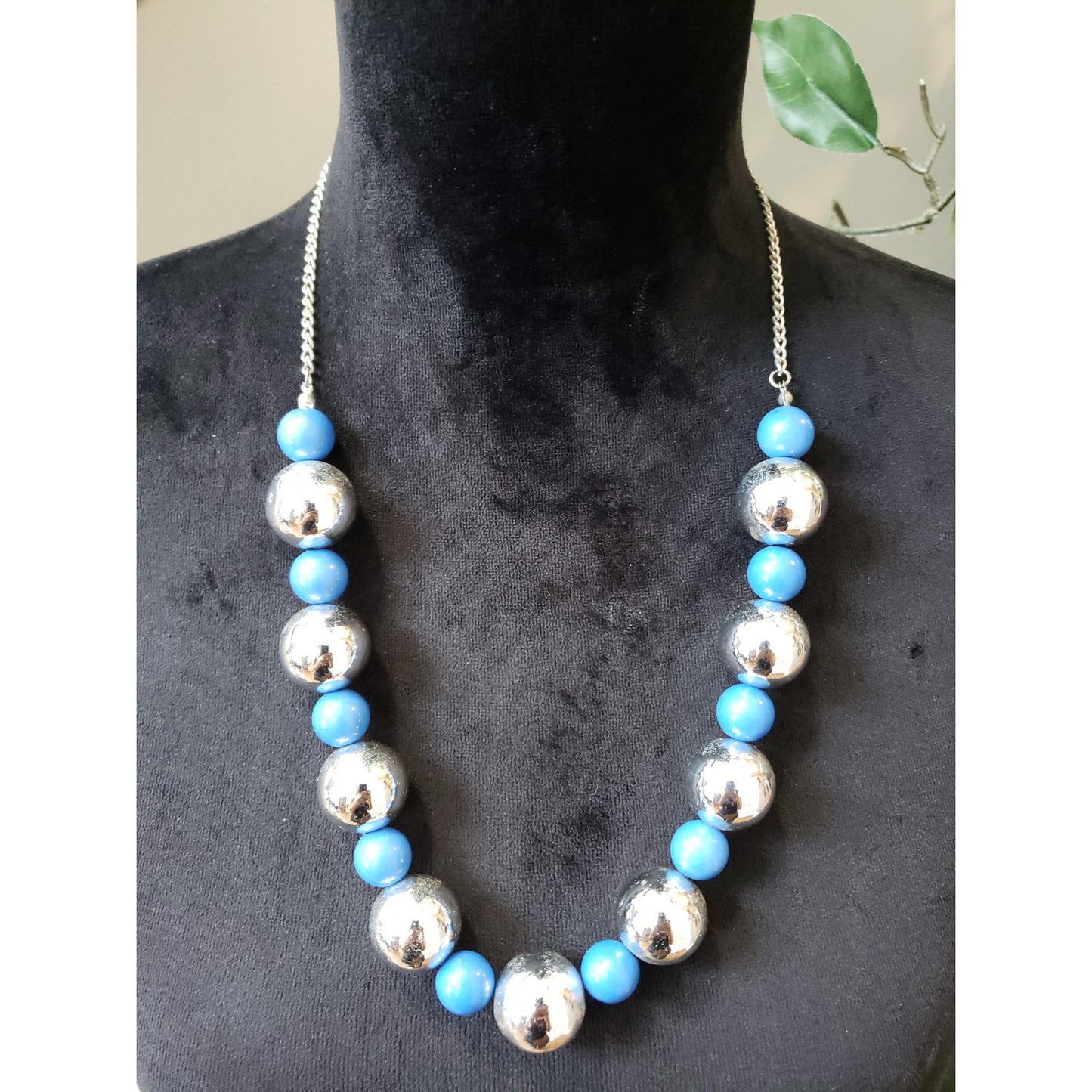 Women's Bold Beaded Necklace Chunky Blue Silver Balls Statement Lobster Clasp