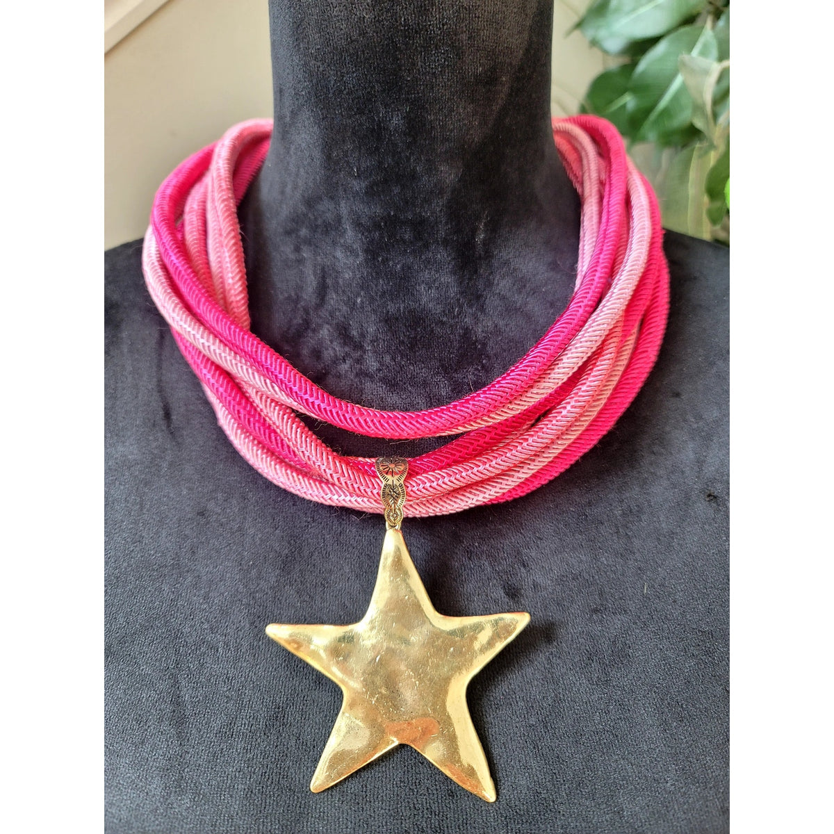 Pink Multi Strand Cord Necklace Large Gold Tone Star Pendant Statement Jewelry
