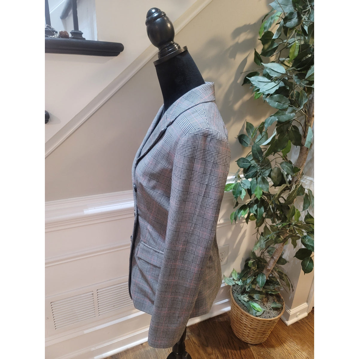 Guess Blazer Women Small Gray/Black Plaid Double Breasted Faux Pocket Lined