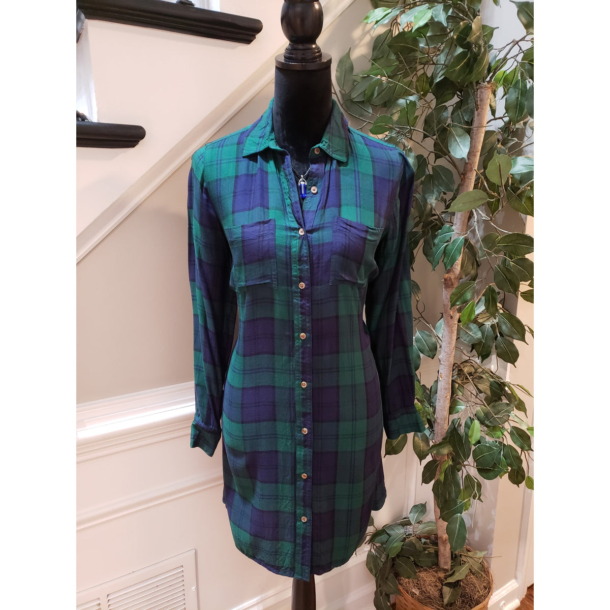 Old Navy Shirt Dress Womens S Green Plaid Casual Long Sleeve Collar Button Down