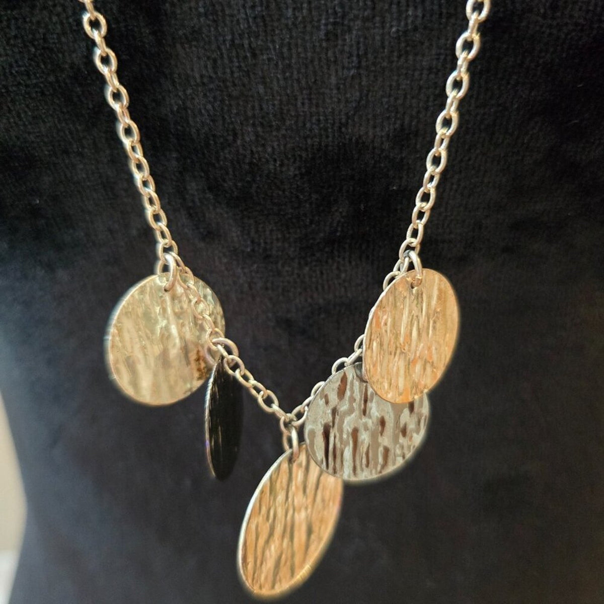 Women Round Etched Medallions Silver Tone Long Chain Necklace with Lobster Clasp