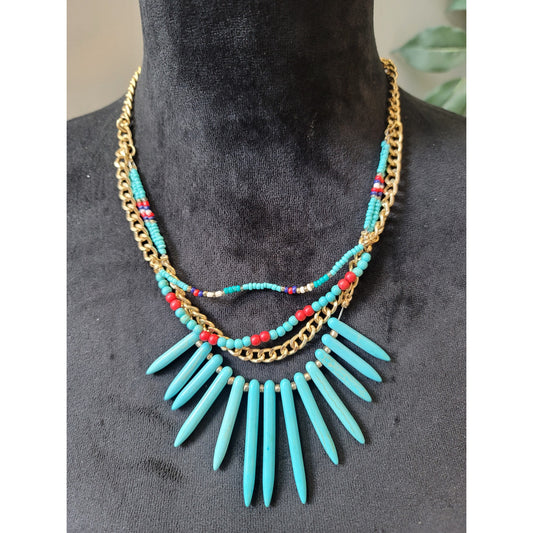 Women's Multilayer Beaded Spike Necklace With Gold Chain And Lobster Clasp