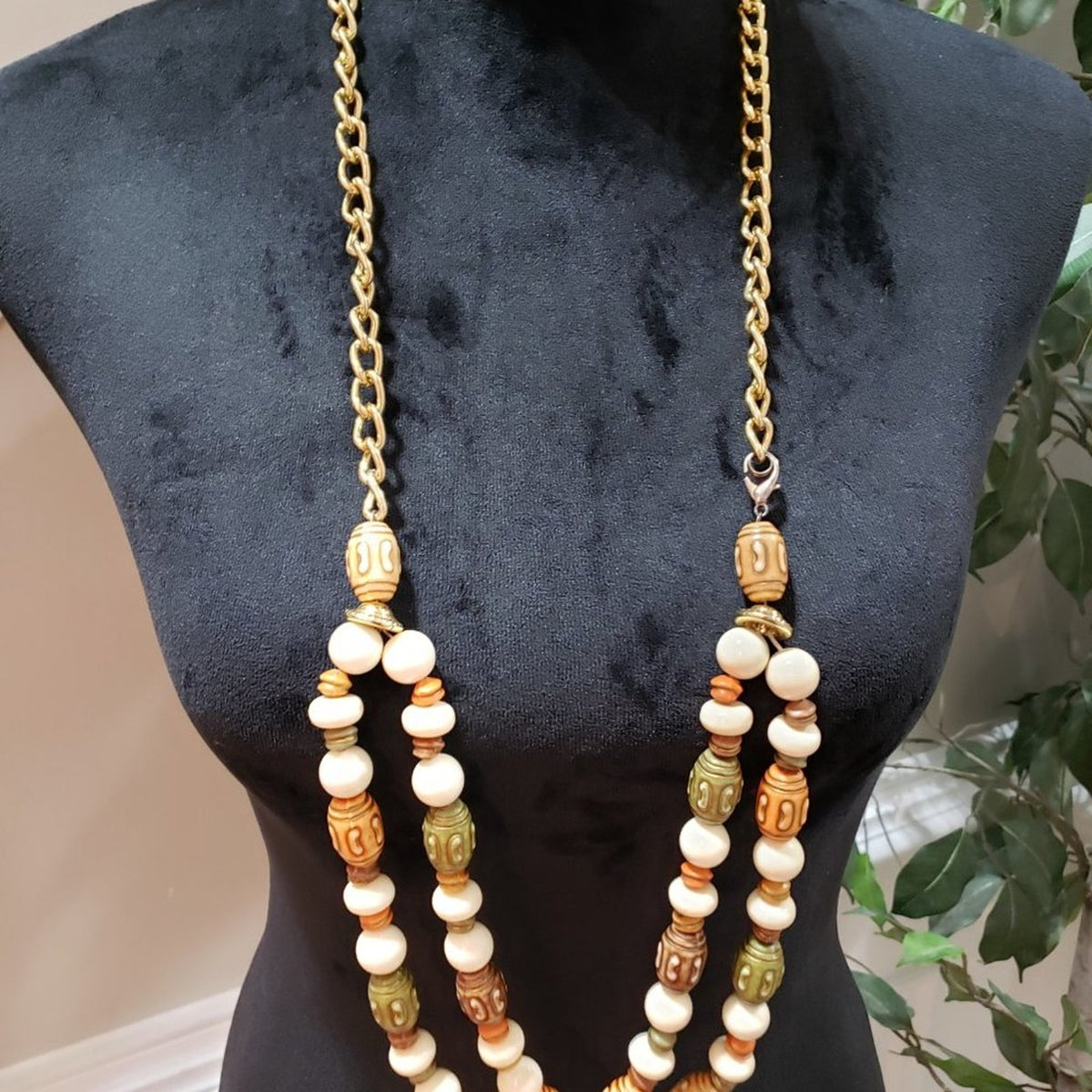 Womens Fashion Faux Ivory Carvings Beads Long Collar Necklace with Lobster Clasp