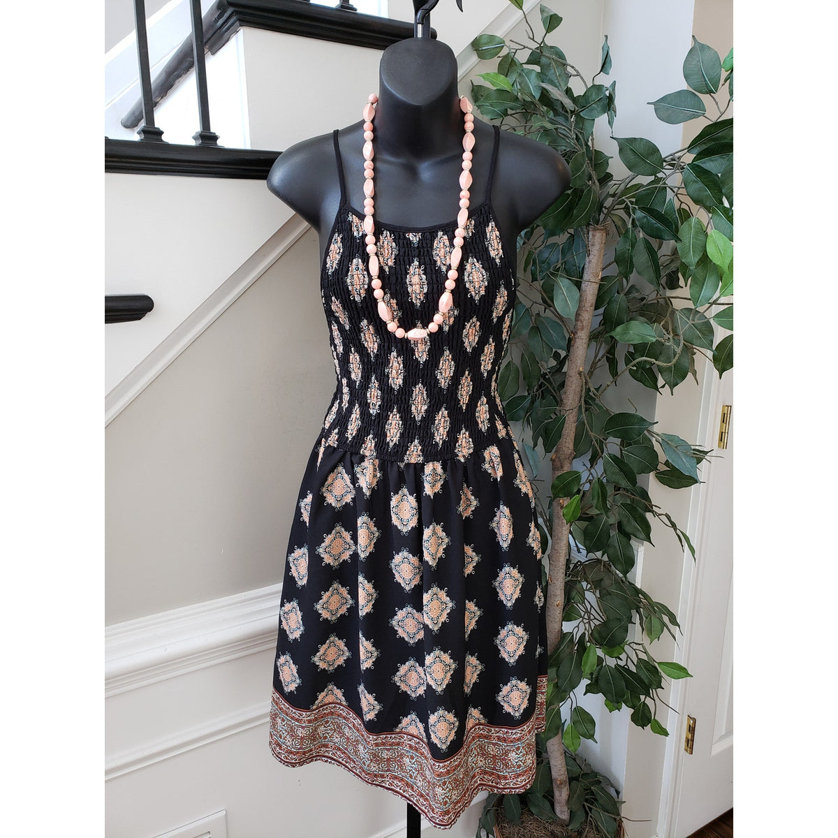Womens A Line Dress Black Printed Smocked Sleeveless Spaghetti Straps Pleated S