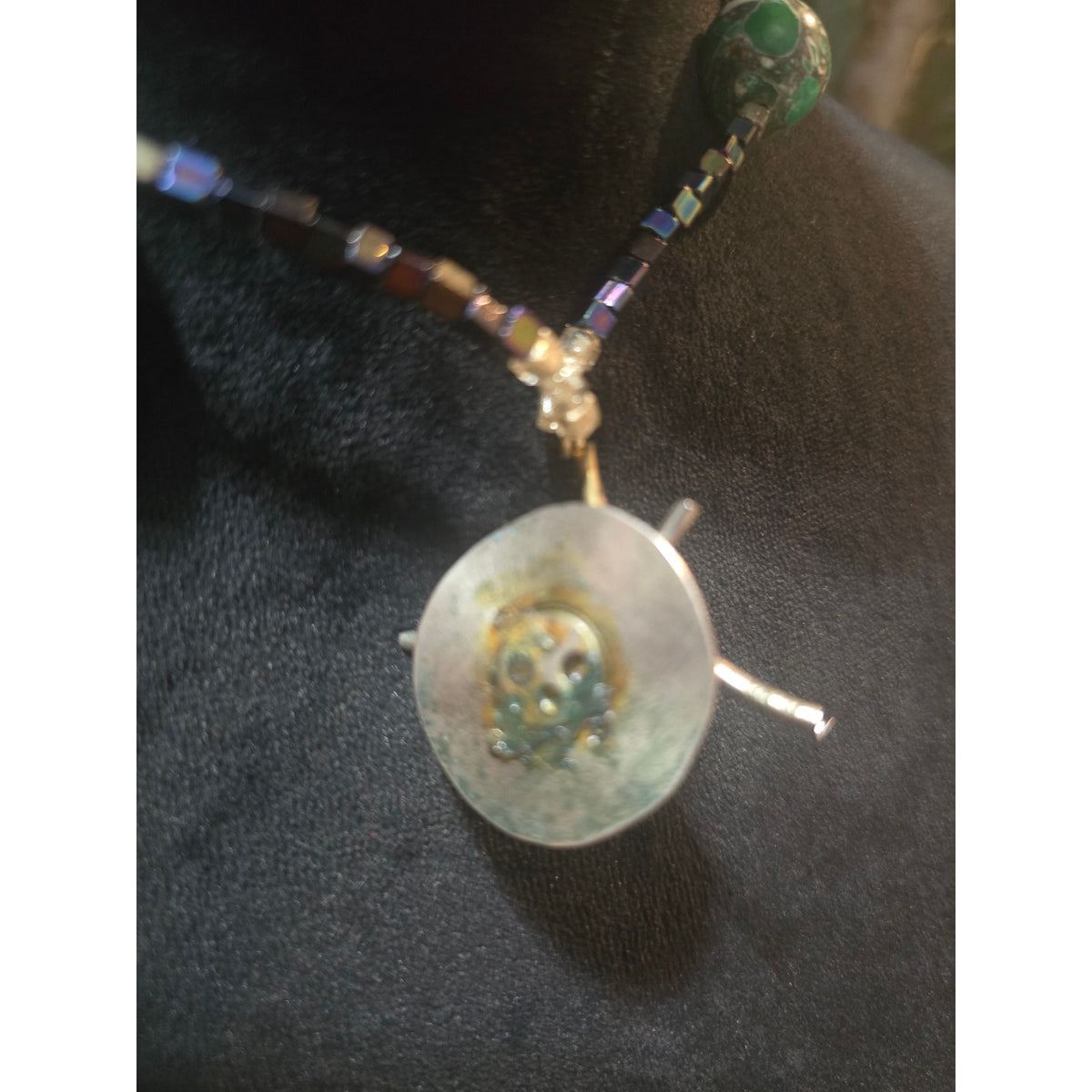 Women's Green Beaded Necklace With Silver Butterfly Pendant And Toggle Clasp