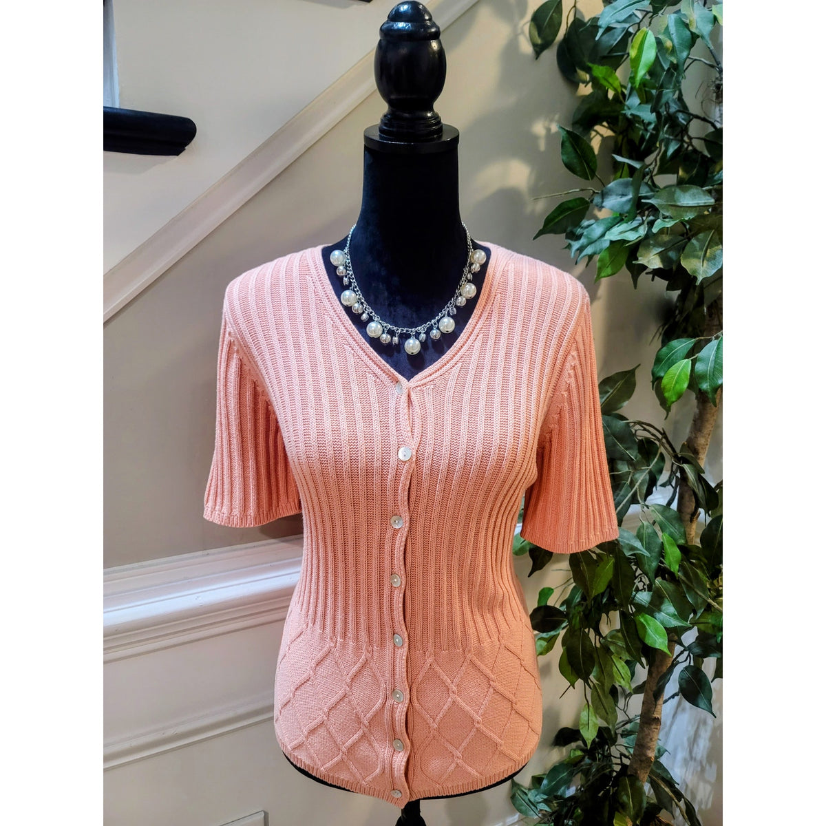 Van Heusen Cardigan Sweater Women Large Peach Ribbed Knit Button Up Short Sleeve
