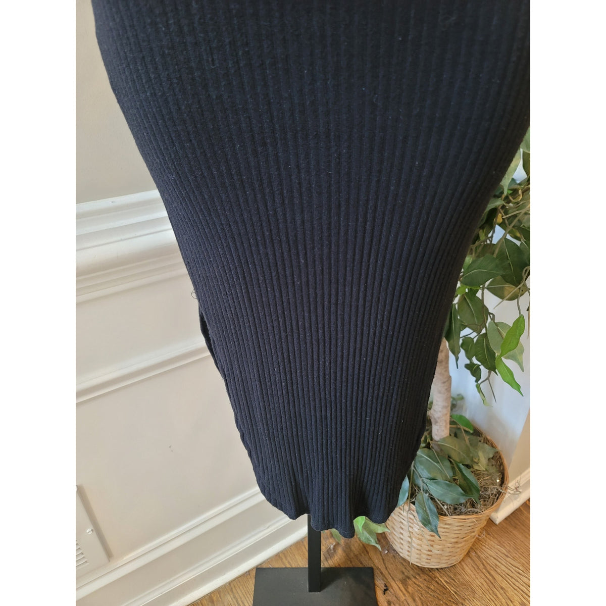 May Pink Midi Dress Women's Small Black Ribbed Knit Cowl Sleeveless Curved Hem