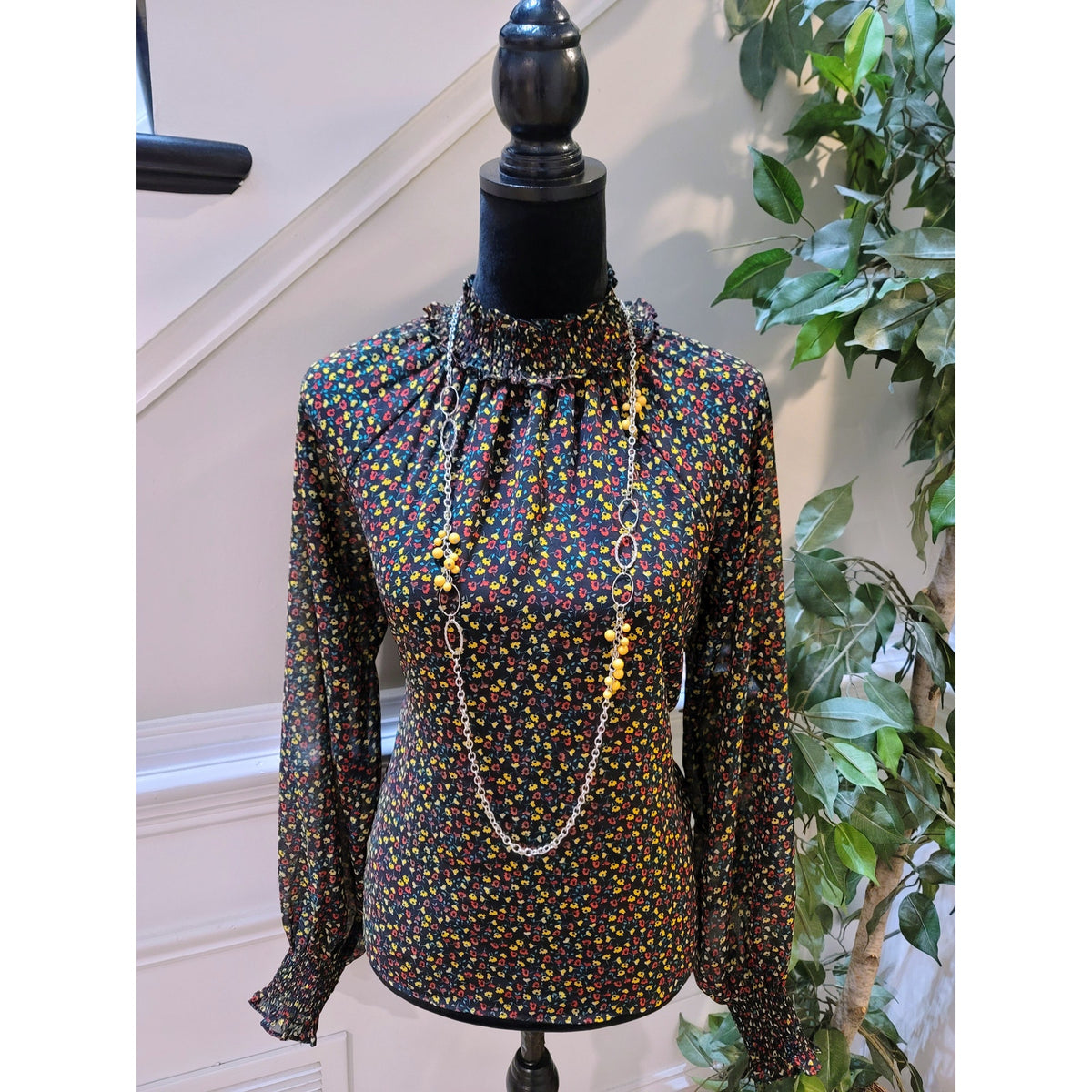 GAP Floral Sheer Top Women's Size X-Small Multicolor Mock Neck Long Sleeves