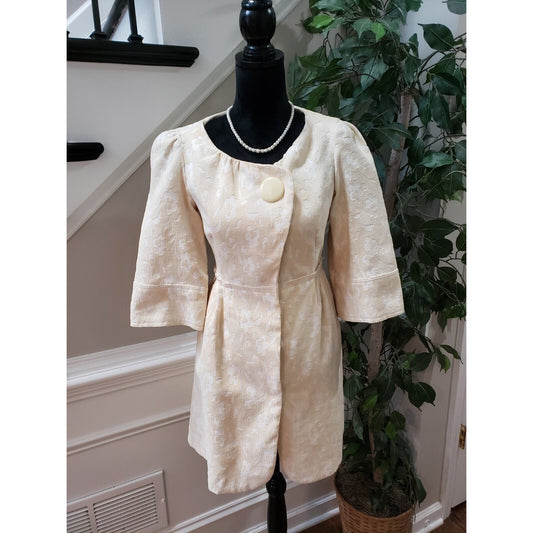 Forever 21 Women Beige Brocade Floral Victorian Feminine Trench Peacoat Jacket M