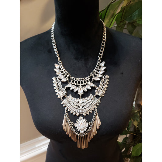 Women Silver Clear Crystal Rhinestone Layered Statement Bib Necklace Jewelry
