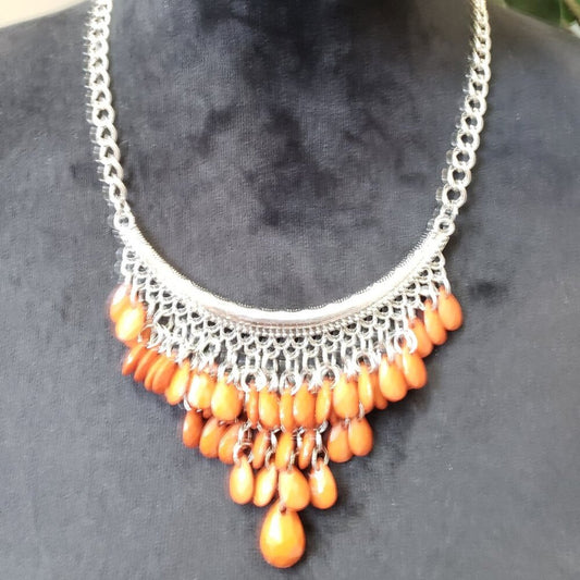 Womens Silver Tone Orange Acrylic Tear Drop Cluster Bib Necklace with Lobster