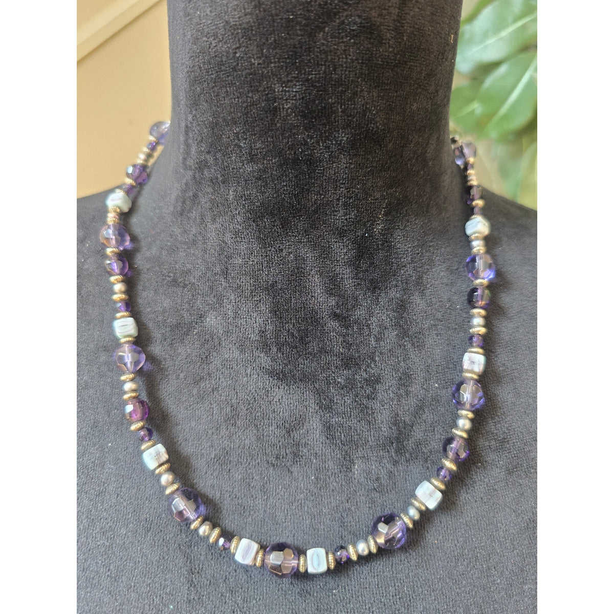 Purple Silver Tone Beaded Necklace Glass Style Beads Boho Fashion Jewelry