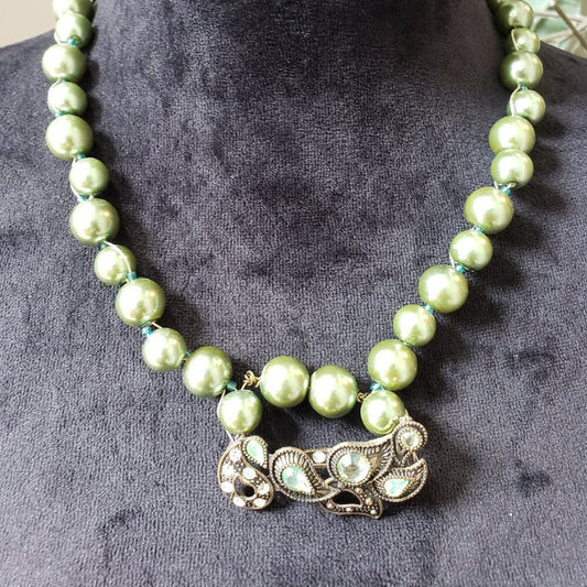 Women's Gold Tone Green Faux Pearl Filigree Brooch Necklace with Lobster Clasp