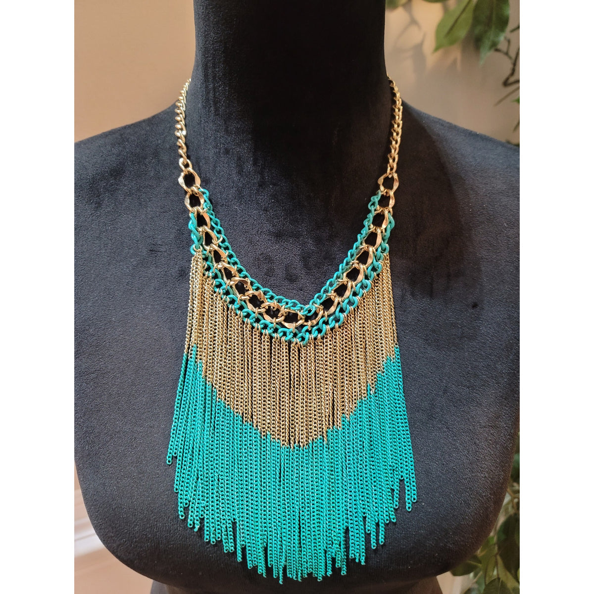 Women's Turquoise And Gold Fringe Statement Necklace With Lobster Clasp Lock