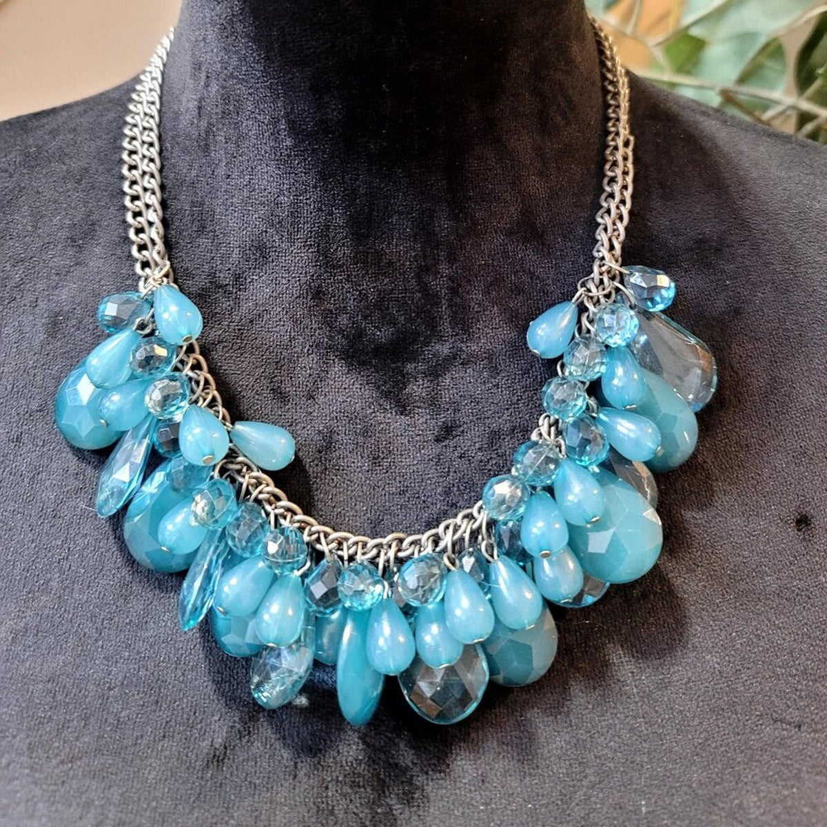 Womens Blue Teardrop Crystal Statement Necklace Jewelry with Lobster Clasp