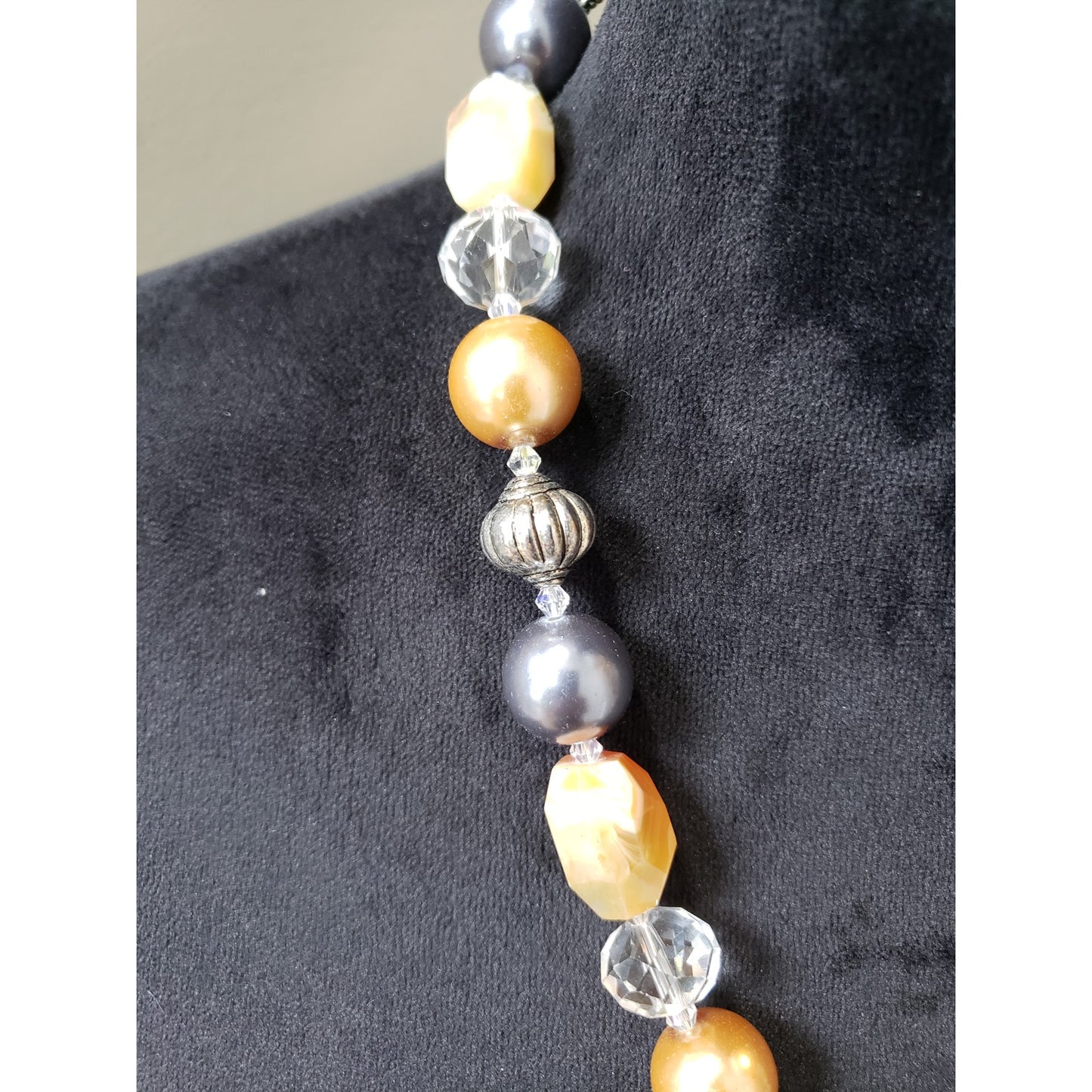 Women's Mixed Bead Necklace Gold Gray Clear Statement Lobster Clasp Chunky Boho