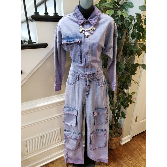 Nasty Gal Jumpsuit Womens Size 6 Blue Denim Pocket Detail Acid Wash Button Front