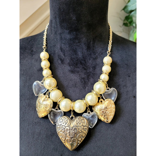 VTG Gold Tone Chunky Heart Charm Necklace Clear Lucite & Faux Pearl Statement