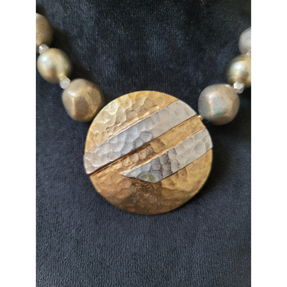 Women's Hammered Metal Pendant Beaded Statement Necklace with Lobster Clasp