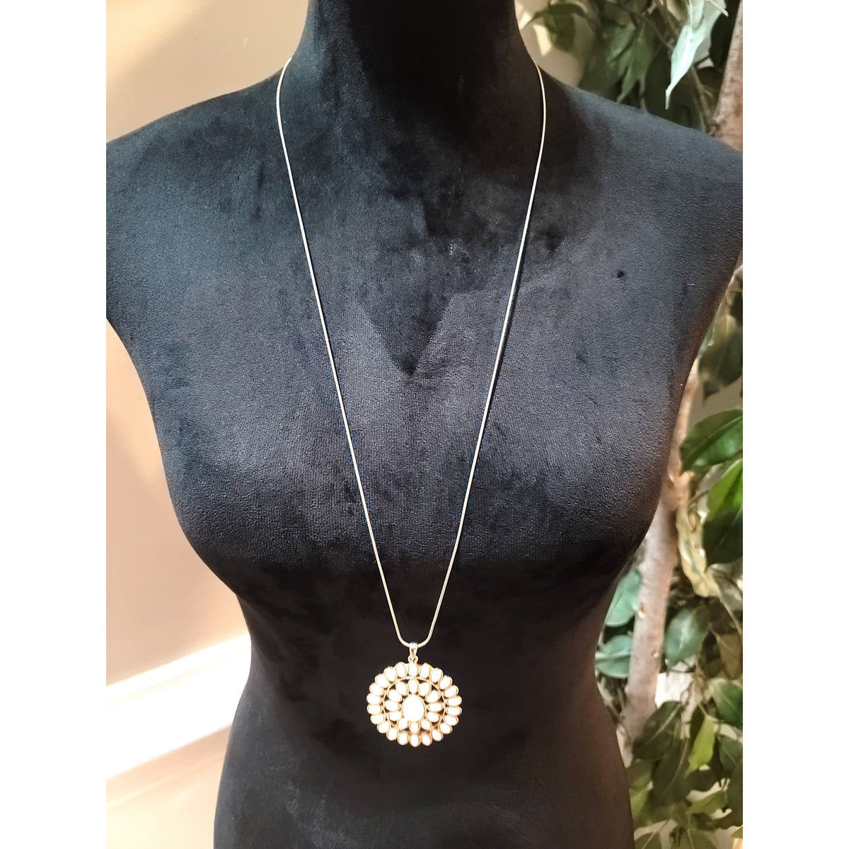 Women's Long Pendant Necklace Gold Chain White Teardrop Circle Lobster Clasp