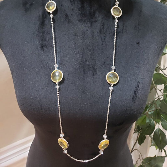 Womens Fashion Green Round Stone & Crystal Silver Tone Chain Necklace Lobster