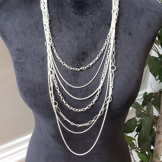 Women Fashion Silver Tone Multi Strand Chain Necklace Jewelry with Lobster Clasp