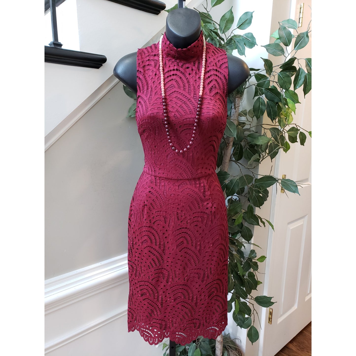 Bar III Bodycon Dress Women Small Burgundy Crochet Sleeveless Mock Neck Back Zip