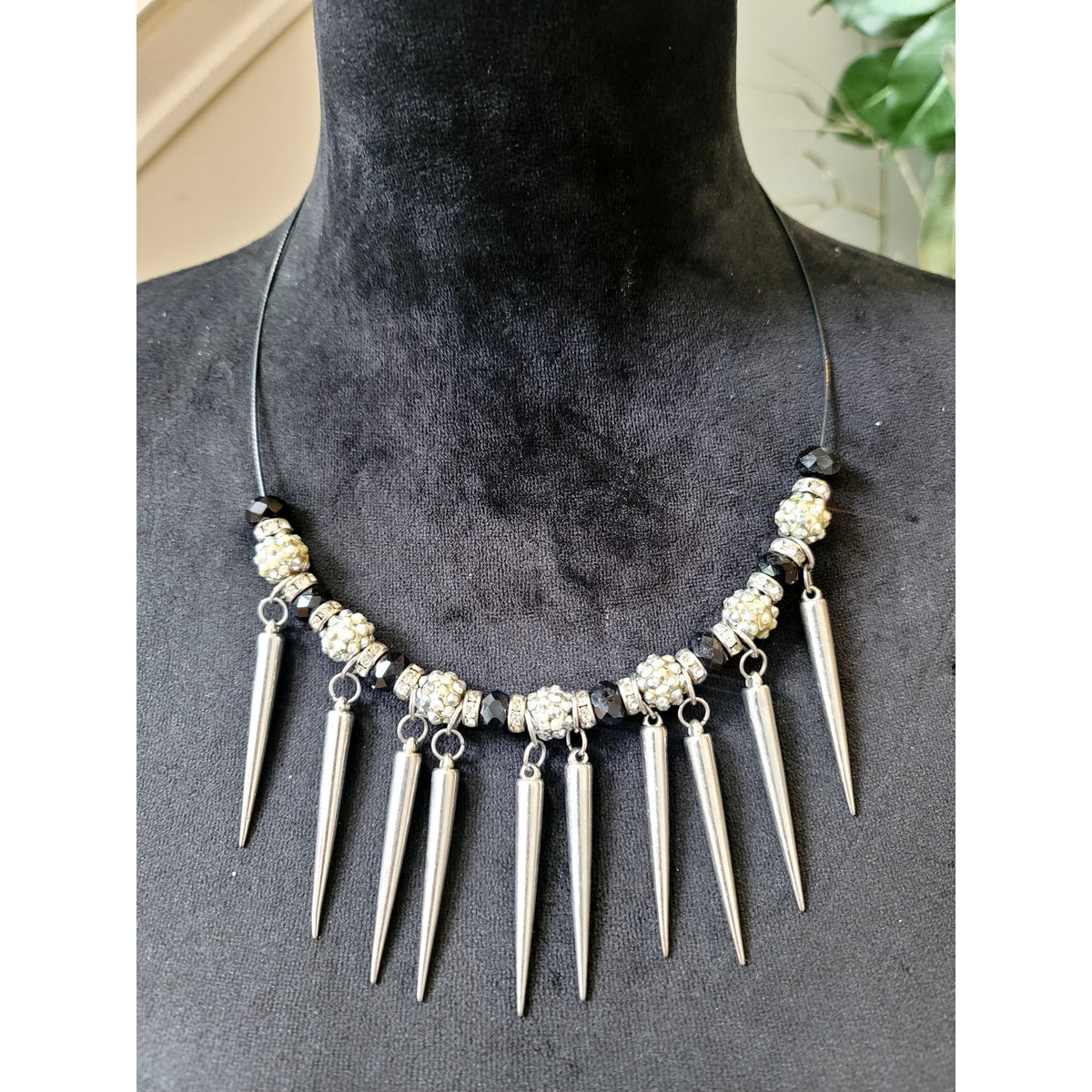 Silver Tone Spike Bib Statement Necklace Edgy Gothic Punk