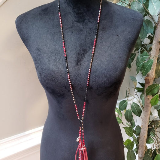 Womens Fashion Red Black Faceted Seed Beads Leather Cord Tassel Necklace Jewelry