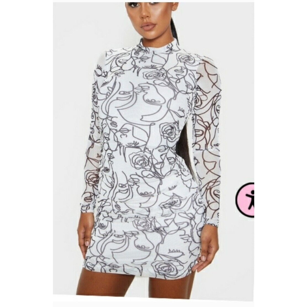 Le Runway Culture Women's White Face Print Crew Neck Long Sleeve Sheath Dress S
