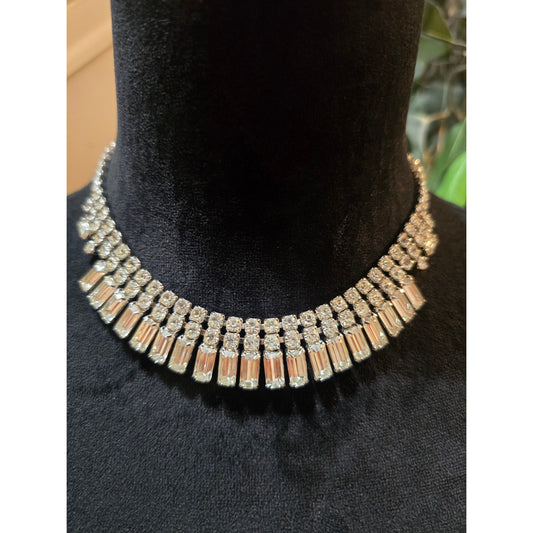 Vintage Clear Rhinestone Necklace Silver Tone Baguette Round Bib