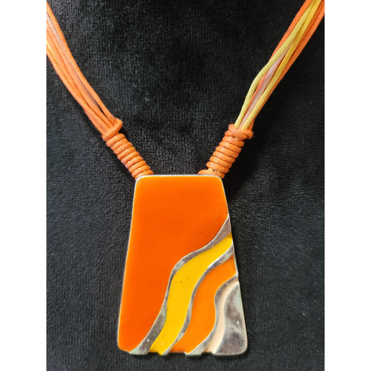 Women Statement Necklace w Earring Set Orange Geometric Pendant Multistrand Cord