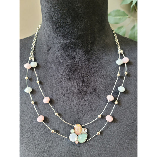 Women's Double Layer Beaded Necklace With Lobster Clasp And Pastel Gemstones