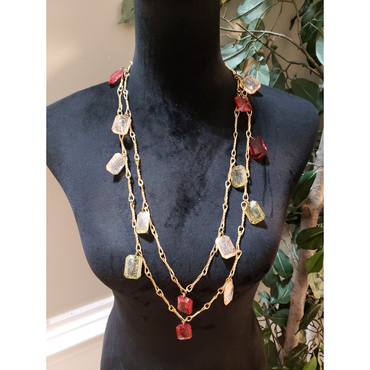 Womens Vintage Two Strands Golden with Emerald Cut Charms Necklace