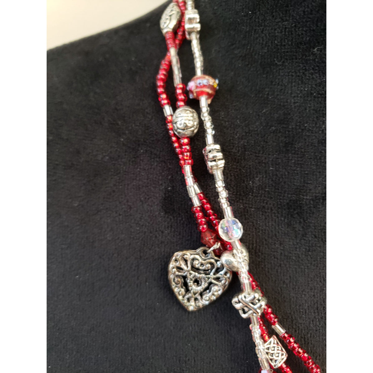 Red & Silver Tone Multi Strand Beaded Necklace Heart Locket Pendant Boho Style