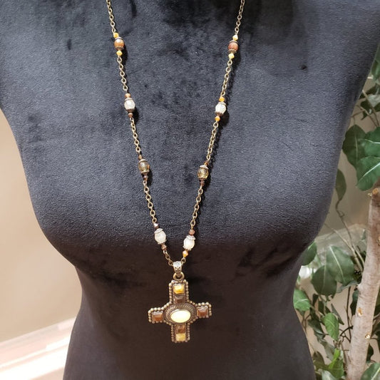 Women Multicolor Glass Round Beaded Cross Pendant Necklace with Lobster Clasp
