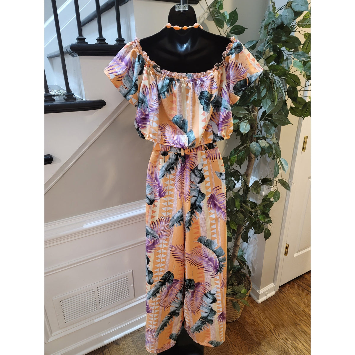 Shein Co-Ord Set Women's SZ 1XL Multicolor Tropical Pleated Frill Neck Belt Loop