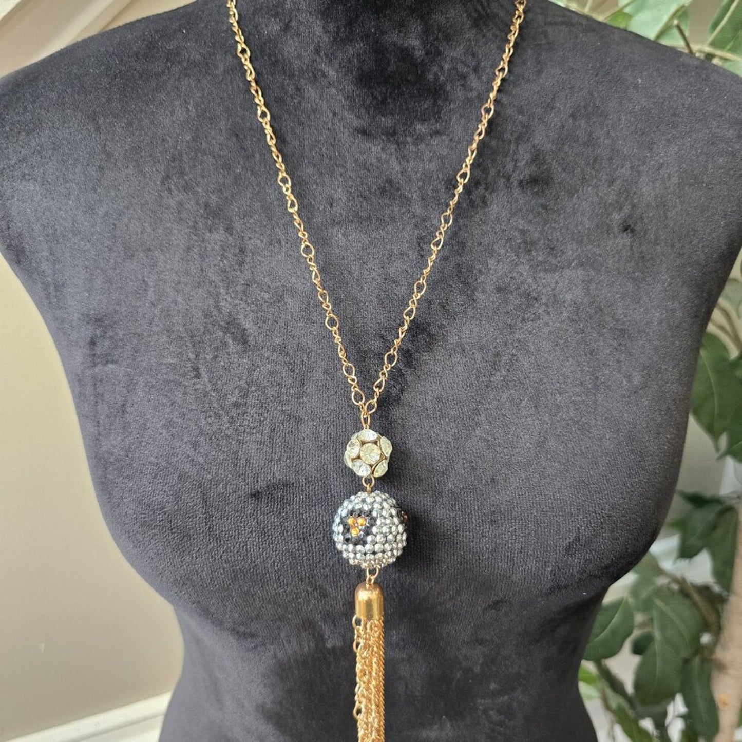 Womens Rhinestone Gold Tone Tussle Ball Orb Pendant Necklace with Lobster Clasp