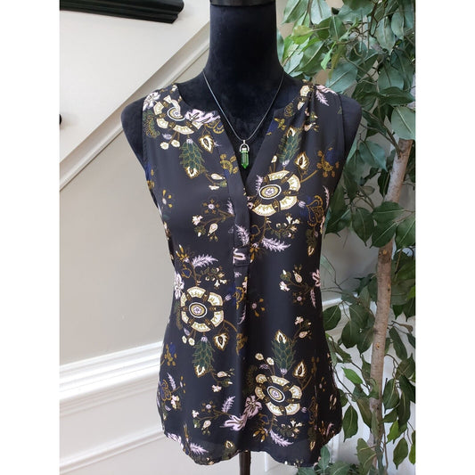 Eliane Rose Women Black Floral Polyester Split Neck Sleeveless Top Blouse Medium