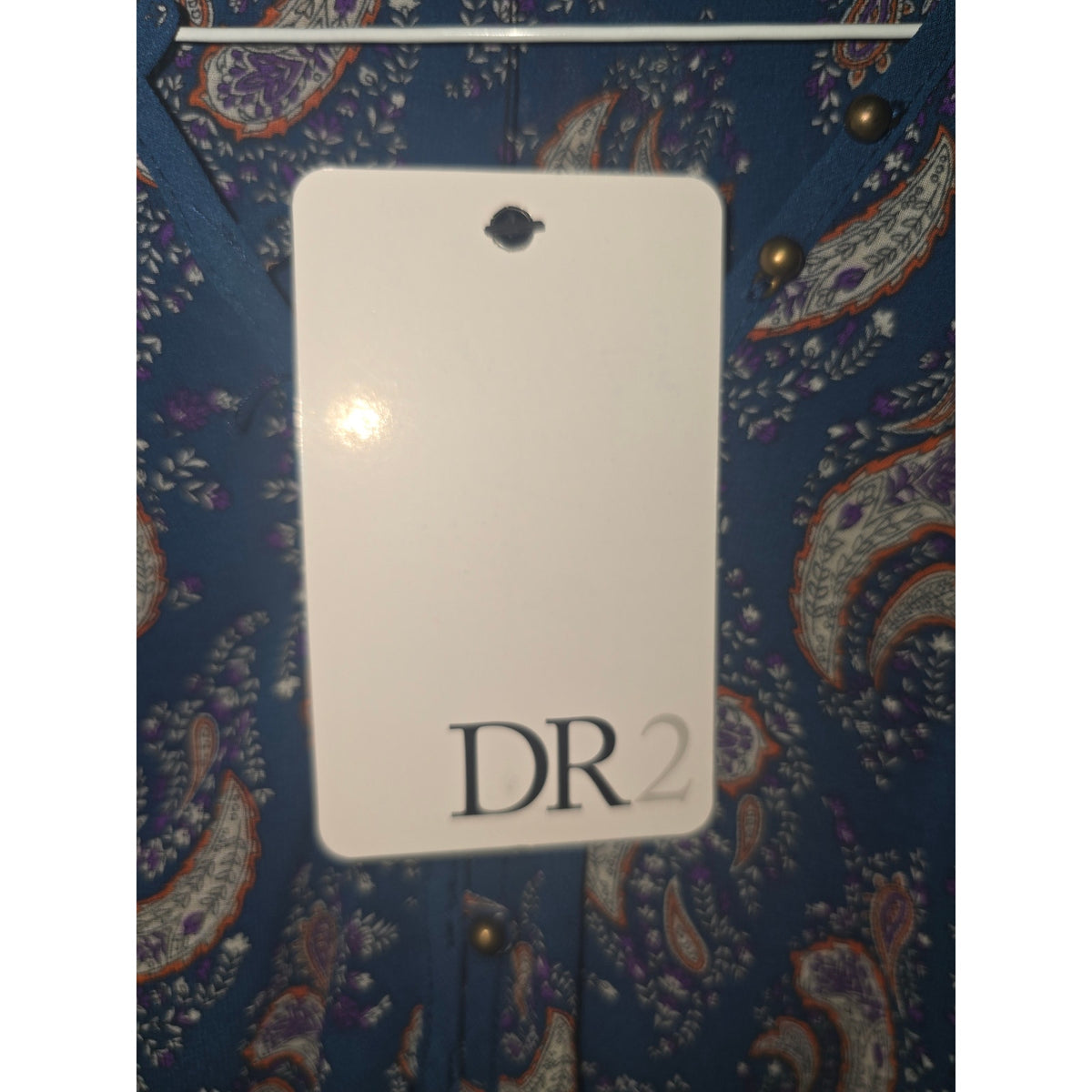 DR2 A Line Dress Women Navy Paisley Tie Waist Long Sleeve V Neck Button Front XS