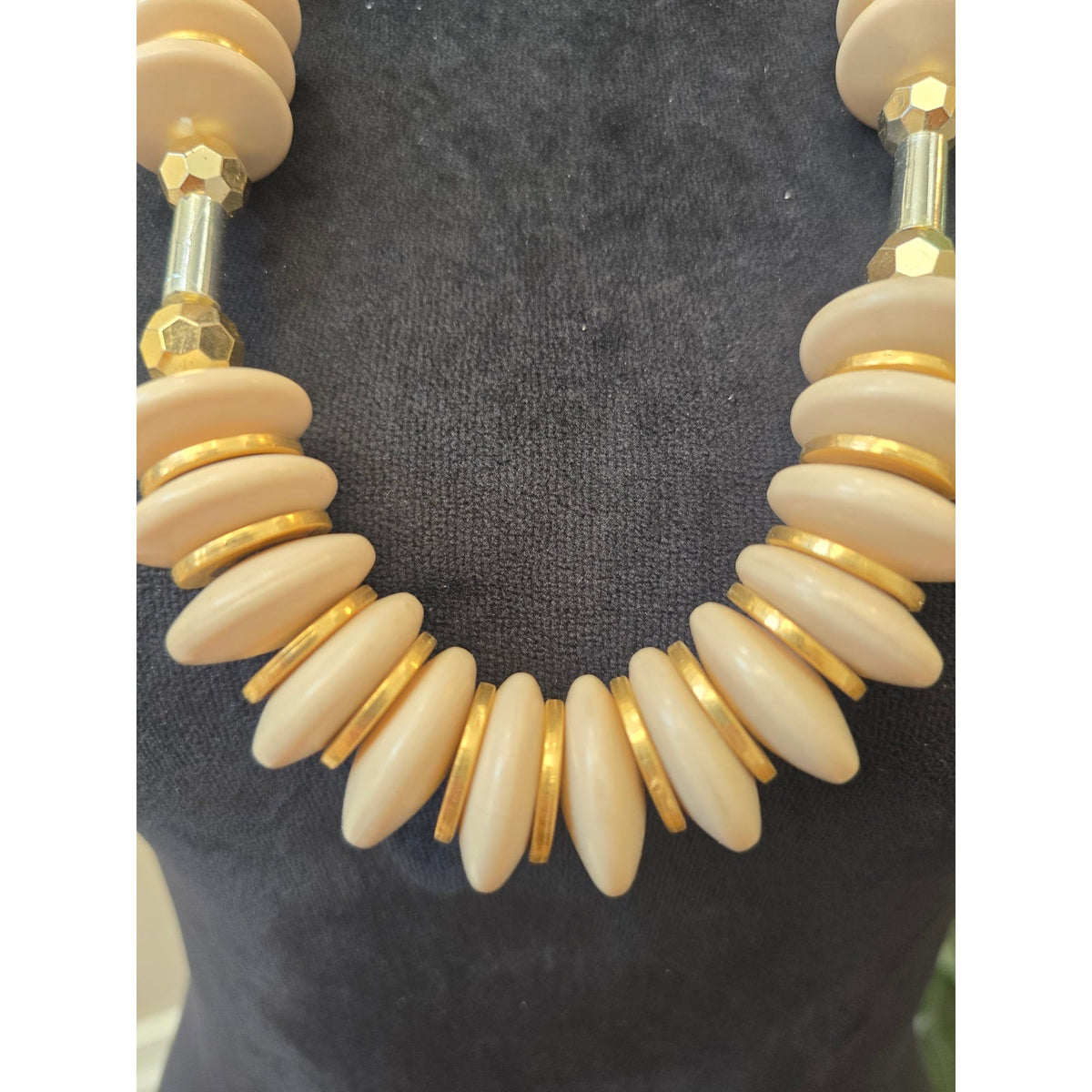 Women's Cream Disc Beaded Gold Tone Spacers Chunky Statement Necklace Jewelry