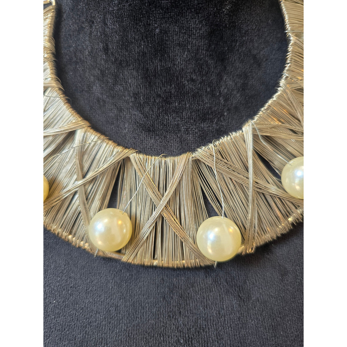 Silver Tone Woven Fan Bib Necklace with Faux Pearl Accents