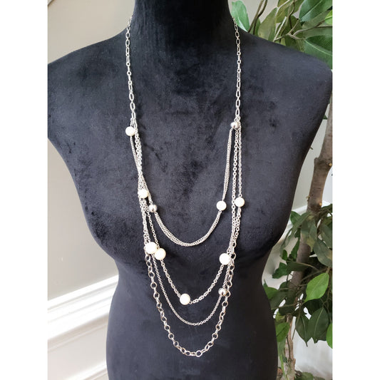 Women's Multi-Layer Silver Tone Pearl Beaded Chain Necklace Elegant Statement