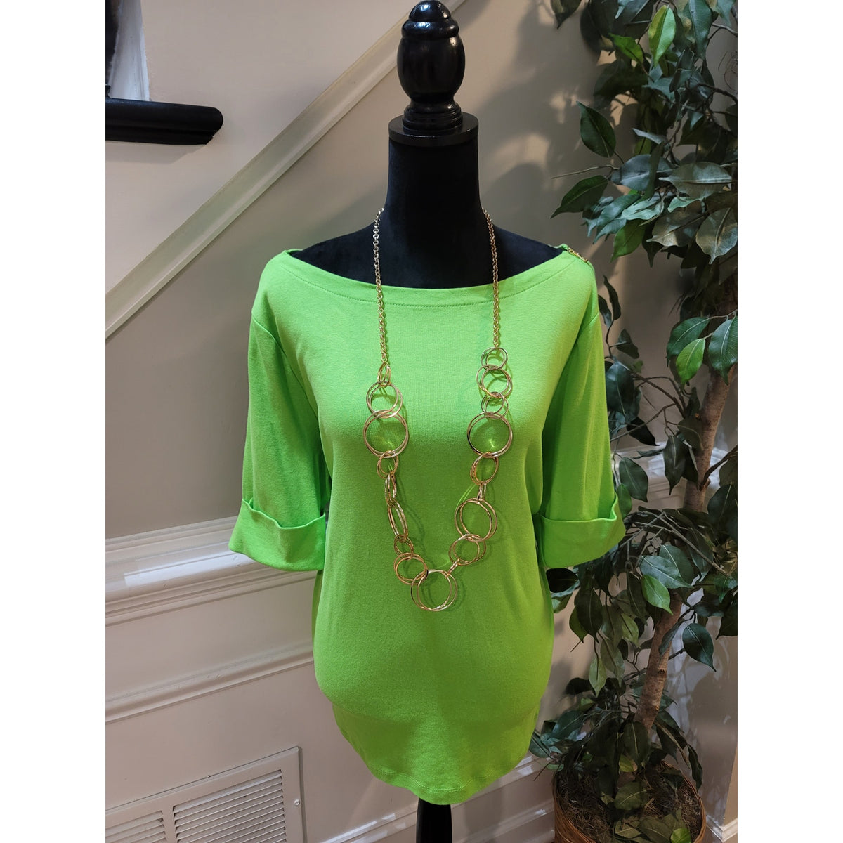 Lauren Ralph Lauren Blouse Top Womens SZ 1X Lime Green Shoulder Zipper Boat Neck