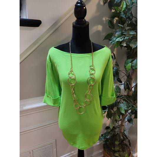 Lauren Ralph Lauren Blouse Top Womens SZ 1X Lime Green Shoulder Zipper Boat Neck