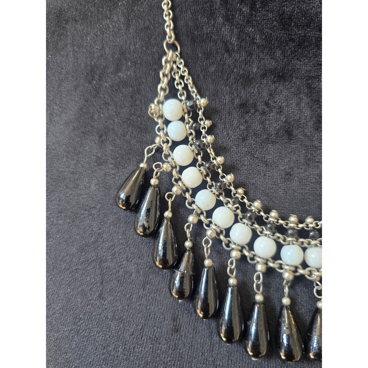 Silver Tone White Beaded Black Teardrop Bib Statement Necklace