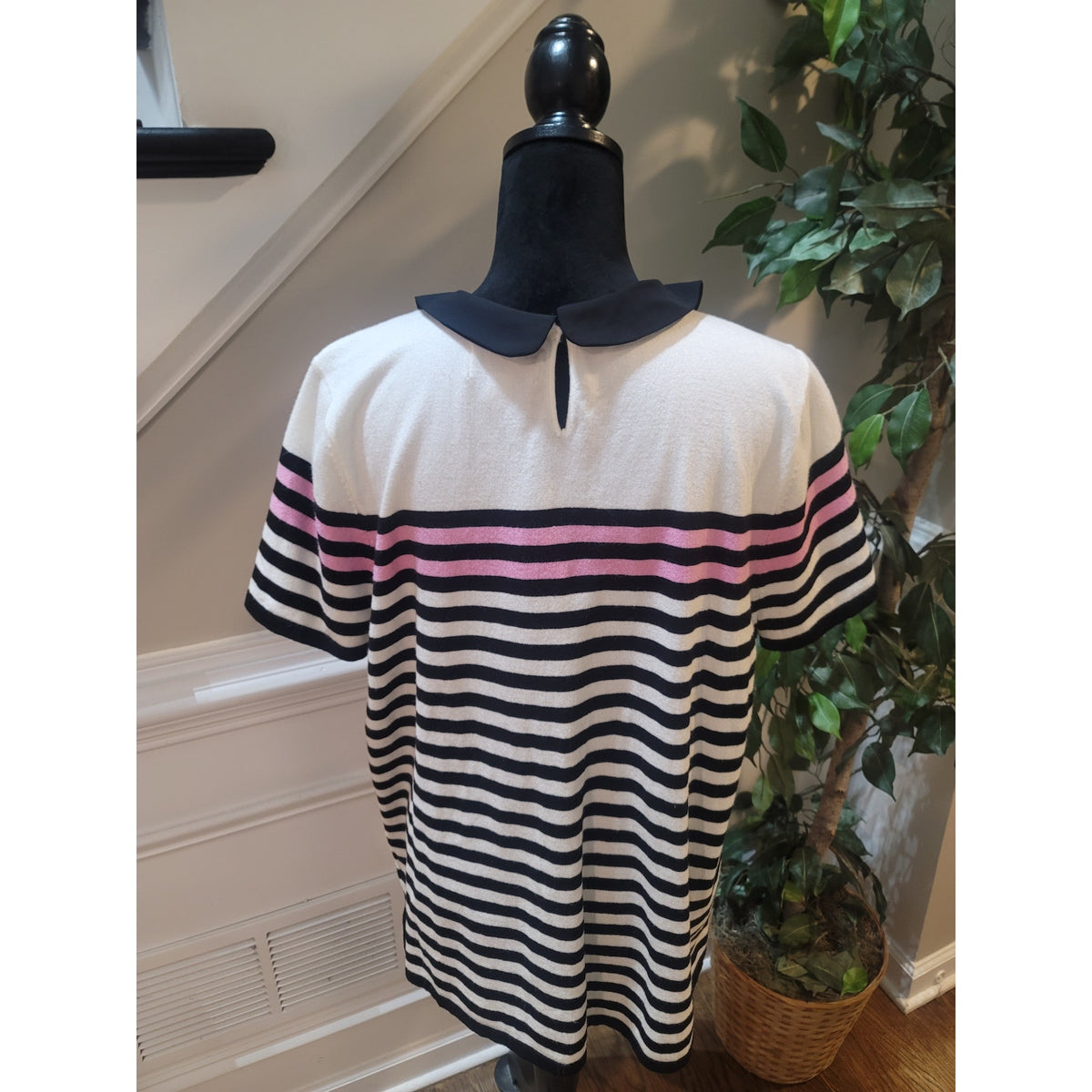 Elle Pullover Sweater Women XL White/Black Striped Peter Pan Collar Short Sleeve